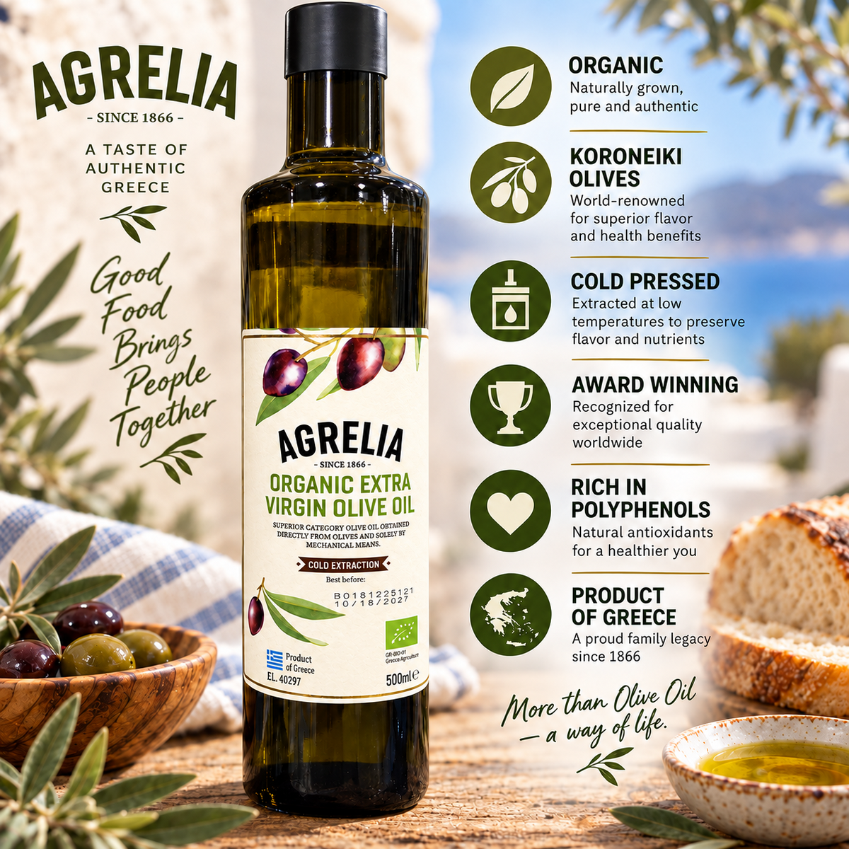 Agrelia Organic Extra Virgin Olive Oil, 500 ml