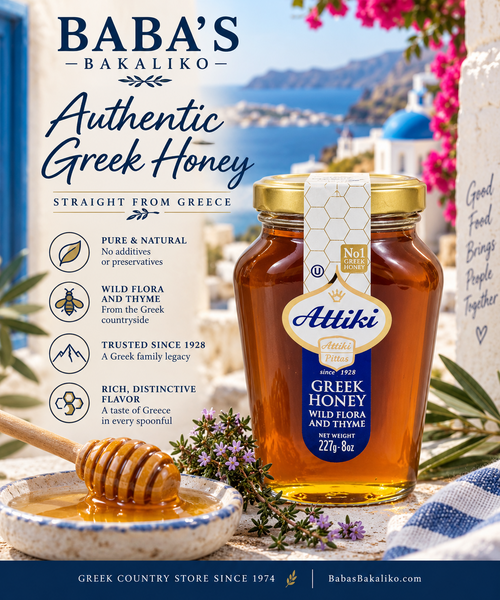 Attiki Greek honey, wild flora and thyme, full product graphic
