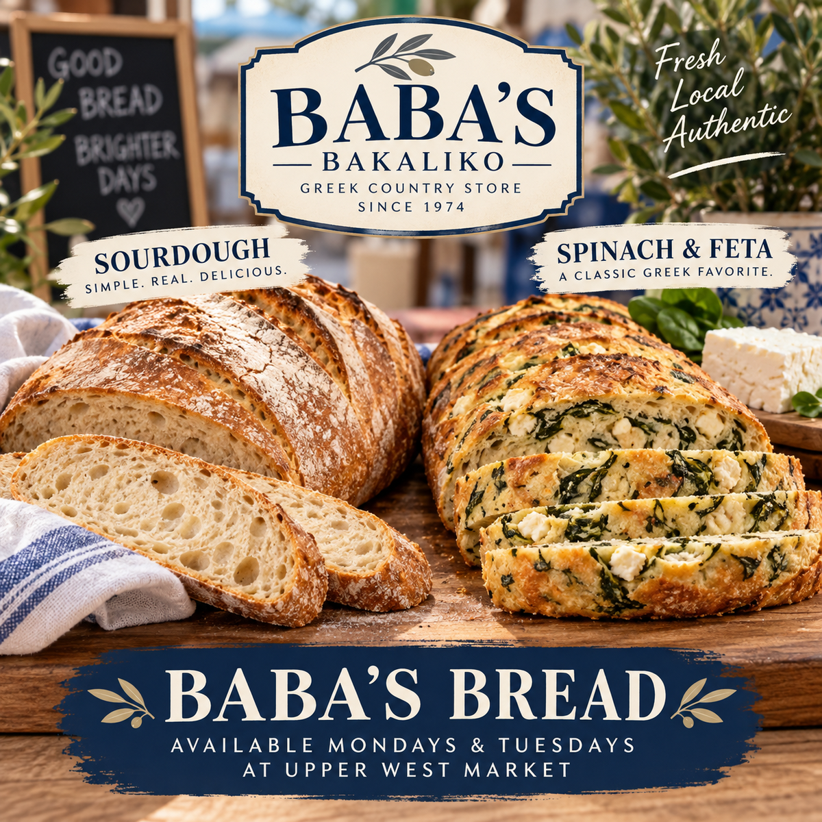Baba's Bread sourdough and spinach-and-feta loaves