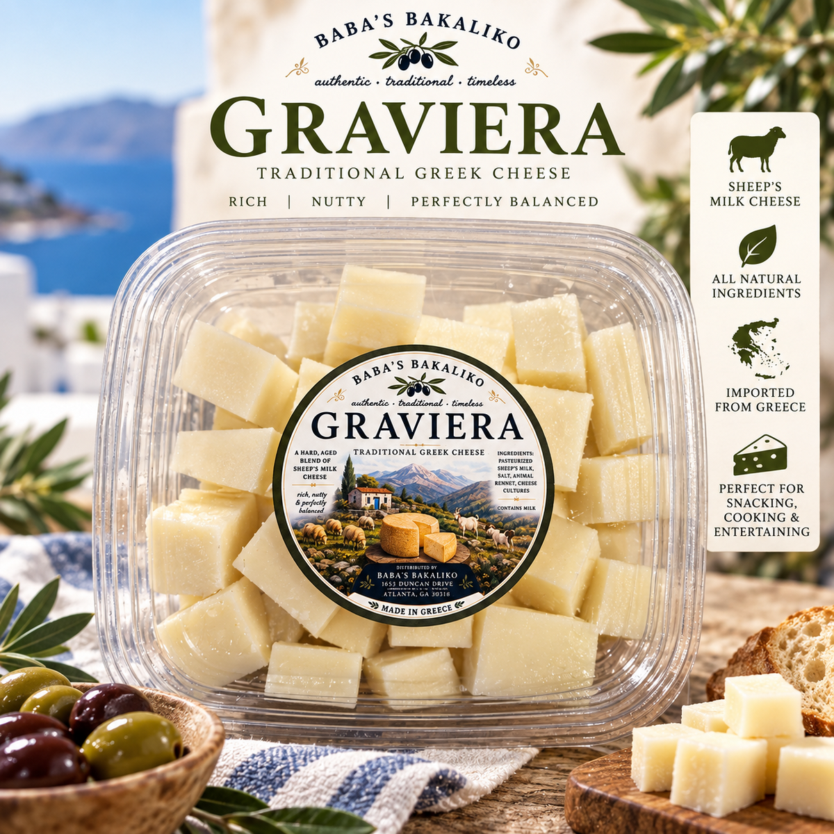 Baba's Bakaliko Graviera traditional Greek sheep's milk cheese cubes