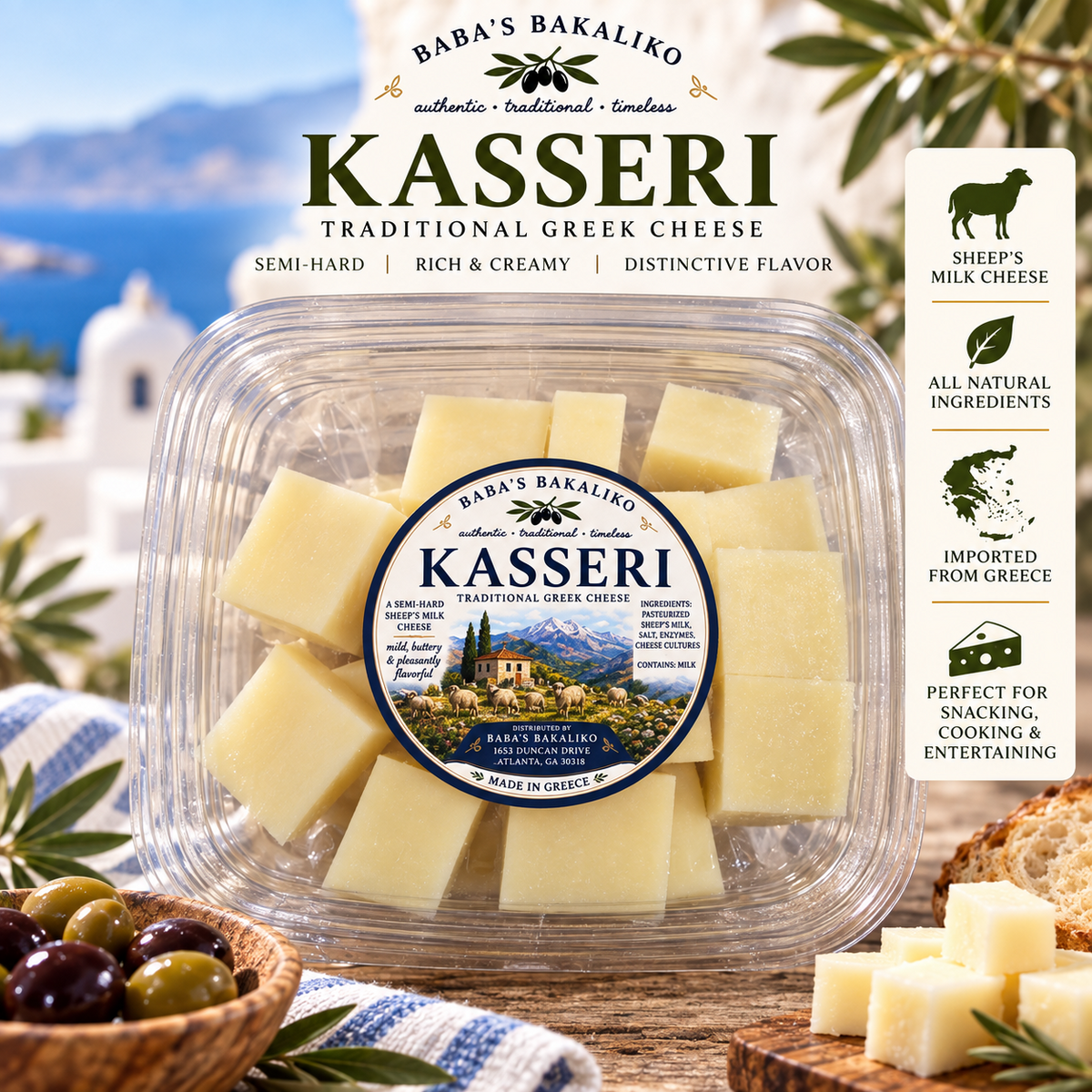 Baba's Bakaliko Kasseri traditional Greek sheep's milk cheese cubes