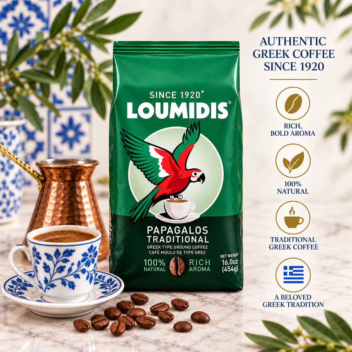 Loumidis Papagalos traditional Greek coffee, square storefront image