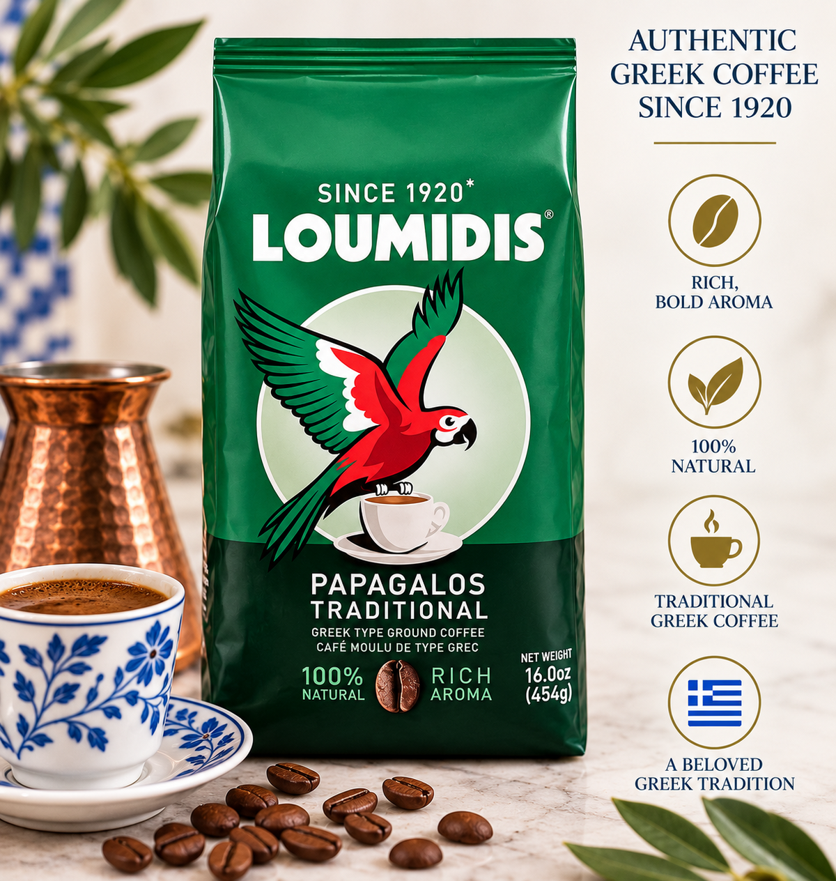Loumidis Papagalos traditional Greek coffee, full product graphic