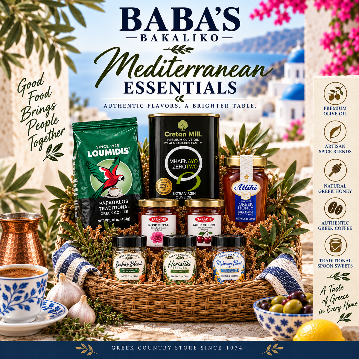 Baba's Bakaliko Mediterranean Essentials gift basket with olive oil, coffee, honey, spoon sweets, and spice blends