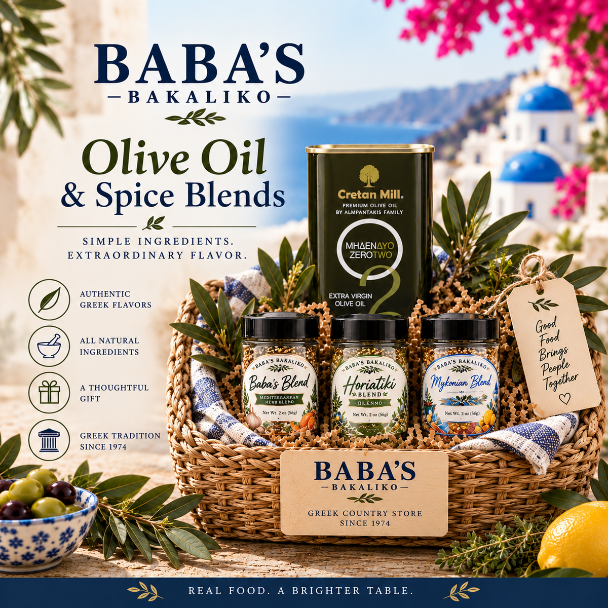 Baba's Bakaliko olive oil and three Mediterranean spice blends gift basket