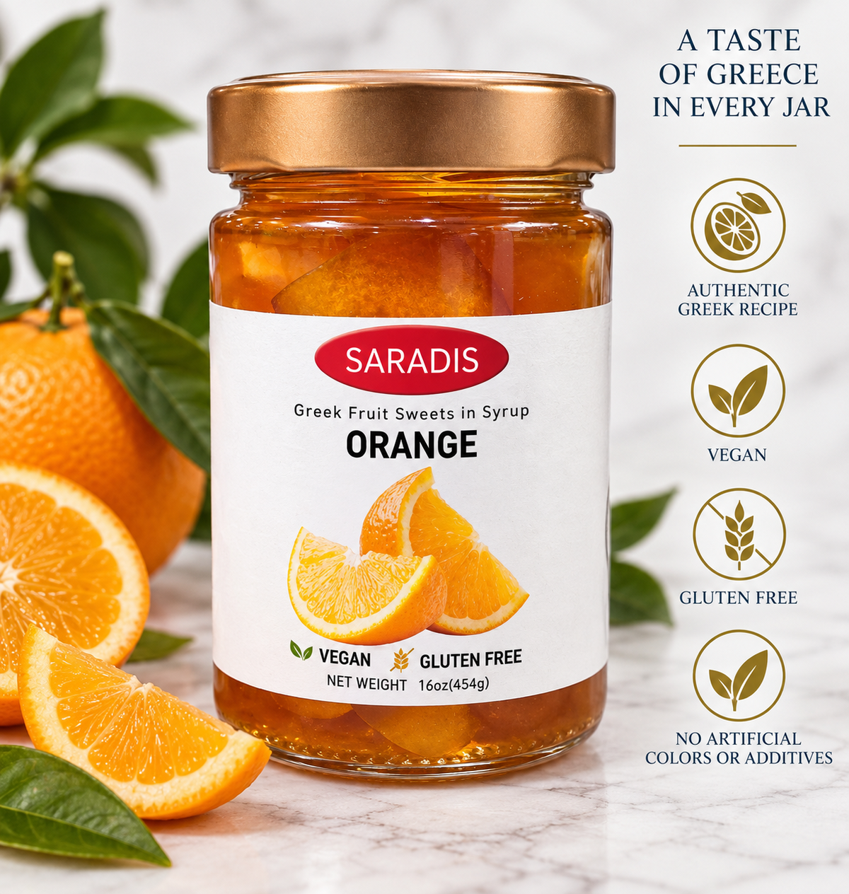 Saradís orange Greek spoon sweet, full product graphic