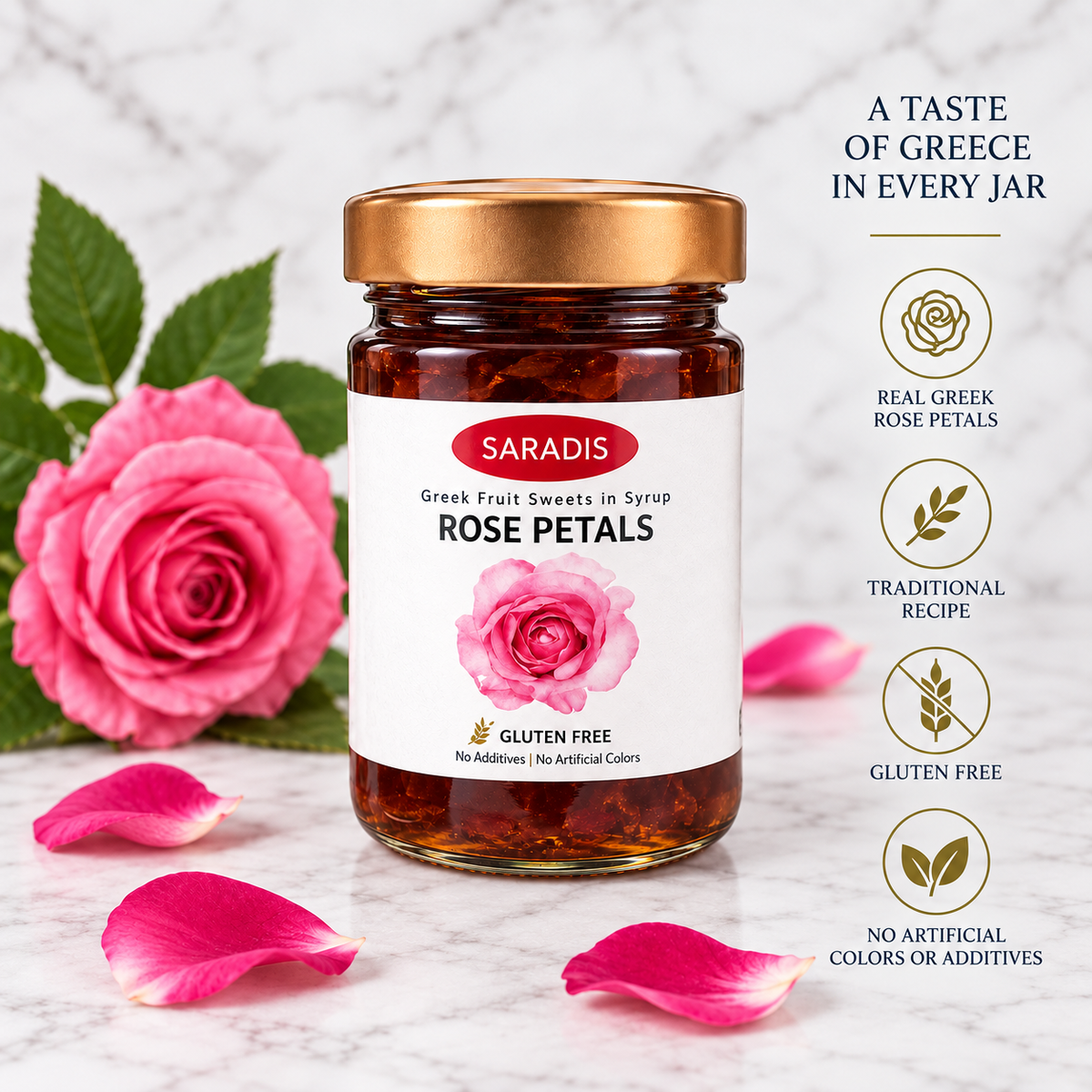 Saradís rose petal Greek spoon sweet, square storefront image