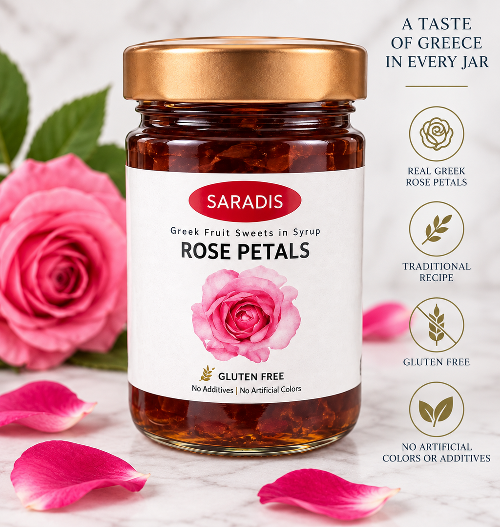 Saradís rose petal Greek spoon sweet, full product graphic