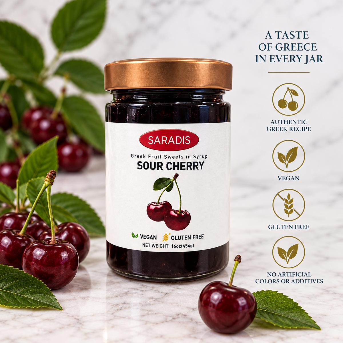 Saradís sour cherry Greek spoon sweet, square storefront image