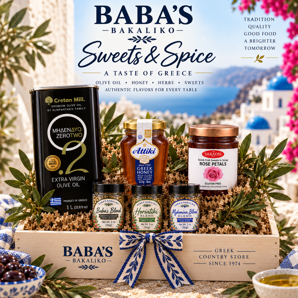 Baba's Bakaliko Sweets and Spice Greek gift set with olive oil, honey, rose petal sweet, and seasonings