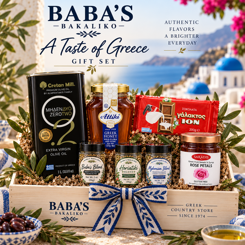 Baba's Bakaliko A Taste of Greece gift set with olive oil, honey, chocolate, spoon sweet, and spices
